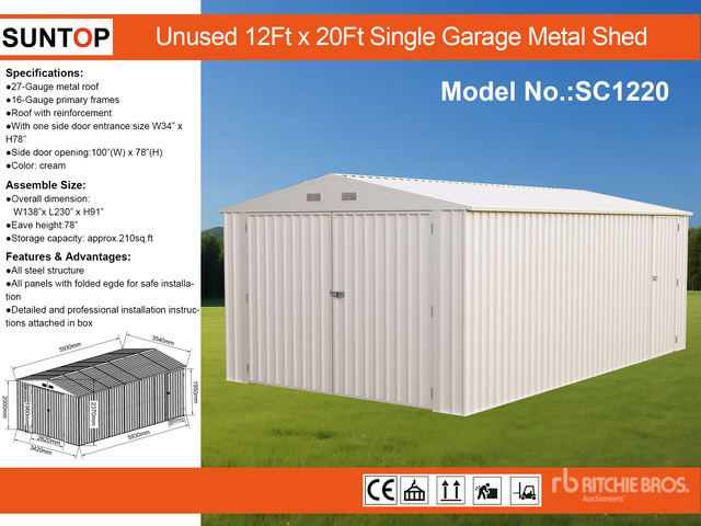 2026 SUNTOP SC1220 12 ft x 20 ft Single Garage Metal Shed (Unused)