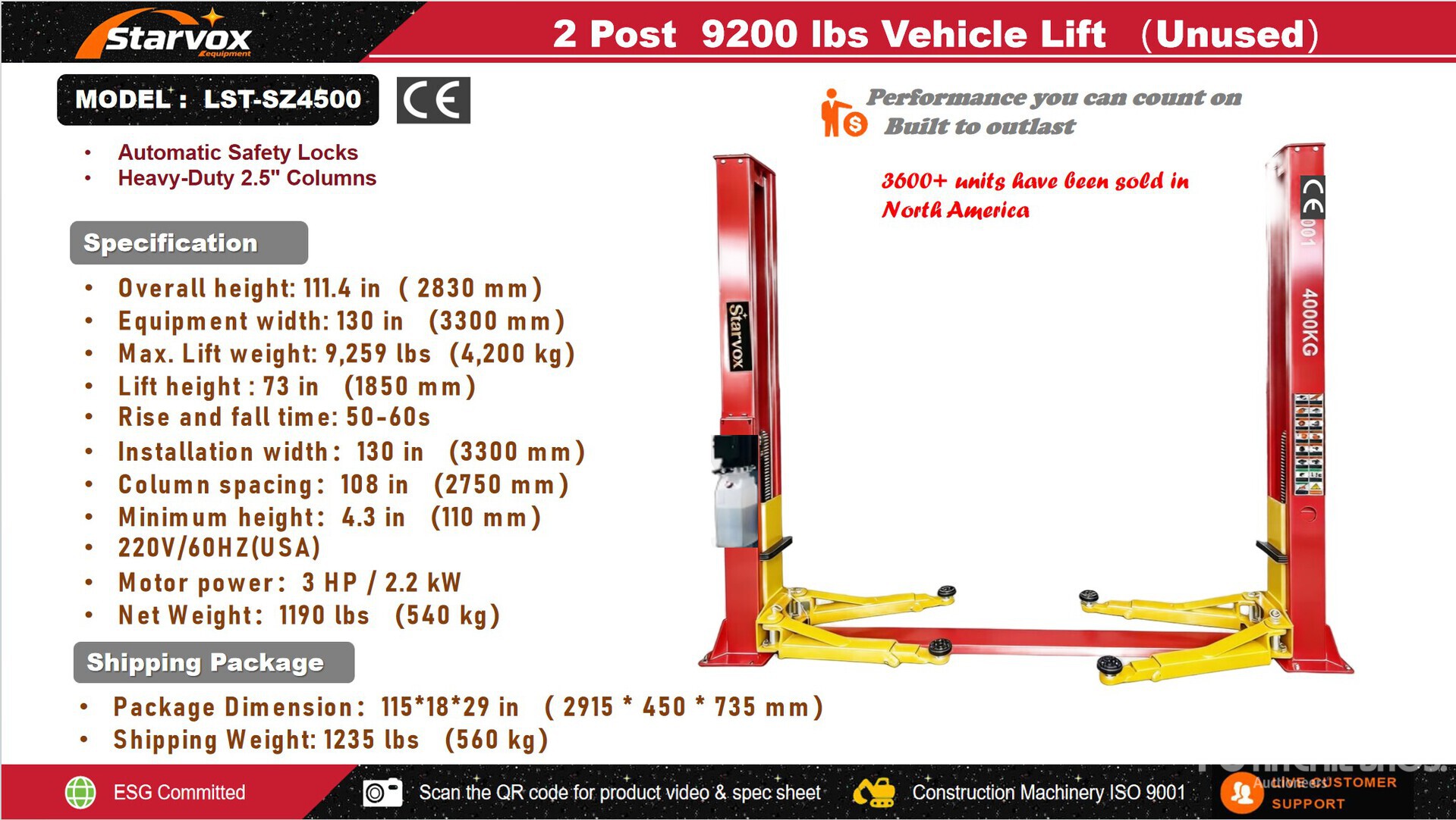 2026 STARVOX LST-SZ4500 2 Post 9200 lb Elevador de Autos de Dos Columnas (Sin Usar) / Vehicle Lift (Unused)