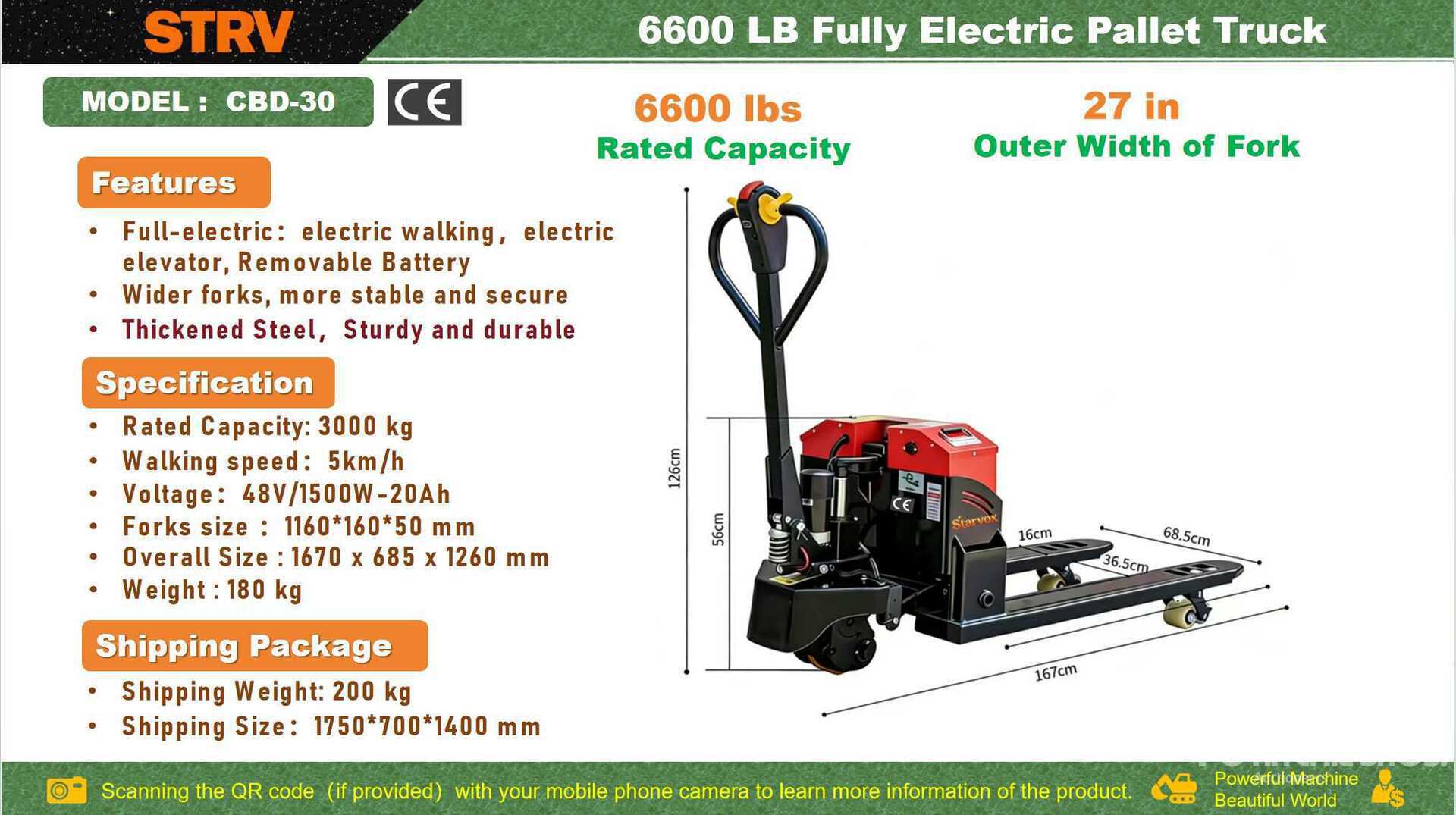 2026 STARVOX CBD-30 6600 lb Electric Montacargas de Patin (Sin Usar) / Pallet Jack (Unused)