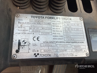 2017 Toyota 8FGF15 1500 kg Forklift
