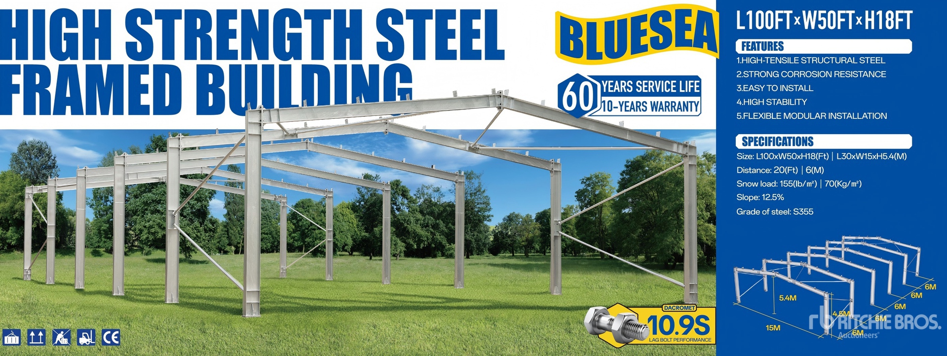 2026 BLUESEA L100FT x W50 FTx H18FT Steel Frame Only Storage Building (Unused)