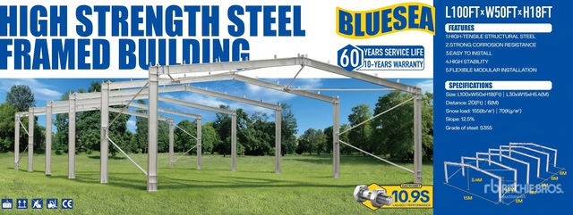 2026 BLUESEA L100FT x W50 FTx H18FT Steel Frame Only Storage Building (Unused)