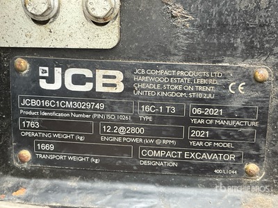 2021 JCB 16c-1 Mini Excavator