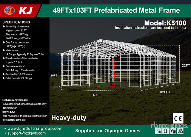 2026 KJ K5100 103 ft x 49 ft Prefabricated Metal Frame Storage Building (Unused)