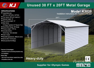2026 KJ K3020 20 ft x 30 ft Enclosed Tettoia per Auto (Unused)