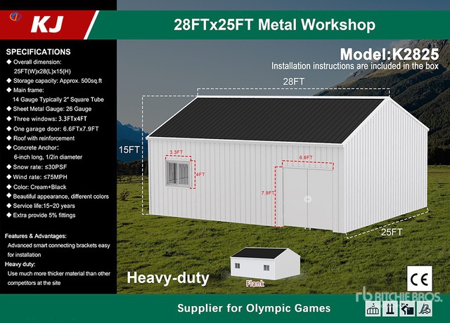 2026 KJ K2825 25 ft x 28 ft Metal Workshop (Unused)
