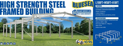 2026 BLUESEA L100FT x W50 FTx H18FT Steel Frame Only 貯蔵庫 (Unused)