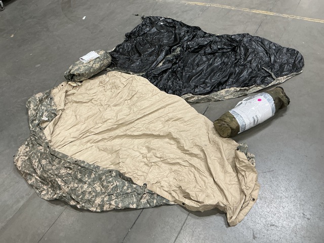 (49) Tarpaulins, (4) ICS Improved Shelters, (32) Tent Pins & Assorted Items