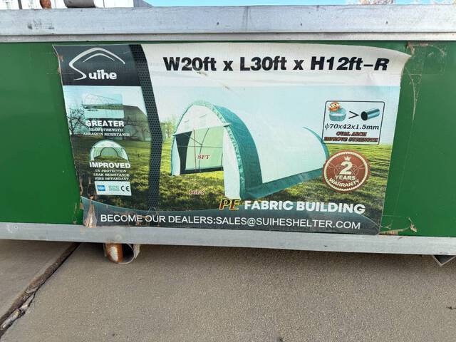 20 X 30 X 12 SUIHE FABRIC STORAGE BUILDING SHIP DIMS: 76 X 29 X 20 794LBS Storage Building