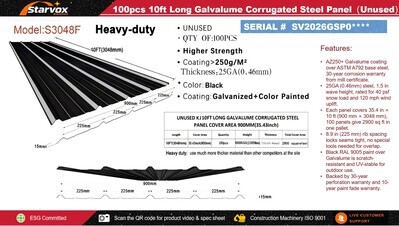 Quantity of (100) 2026 STARVOX S3048F Galvalume Corrugated Steel Panels (Black) Divers  (Unused)