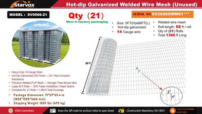 Quantity of 2026 STARVOX SV0566-21 66 ft x 5 ft Hot-dip Galvanized Welded Wire Mesh Fencing (Unused)