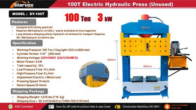 2026 STARVOX DY-100T 100 ton Electric/Hydraulic Prasa warsztatowa (Unused)