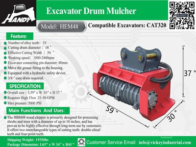 2026 Handy HEM48 46 in Excavator Mulcher - Fits Cat 320 (Unused)