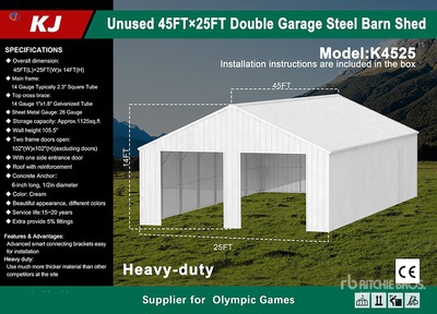 2026 KJ K4525 25 ft x 45 ft Double Garage Storage Building (Unused)