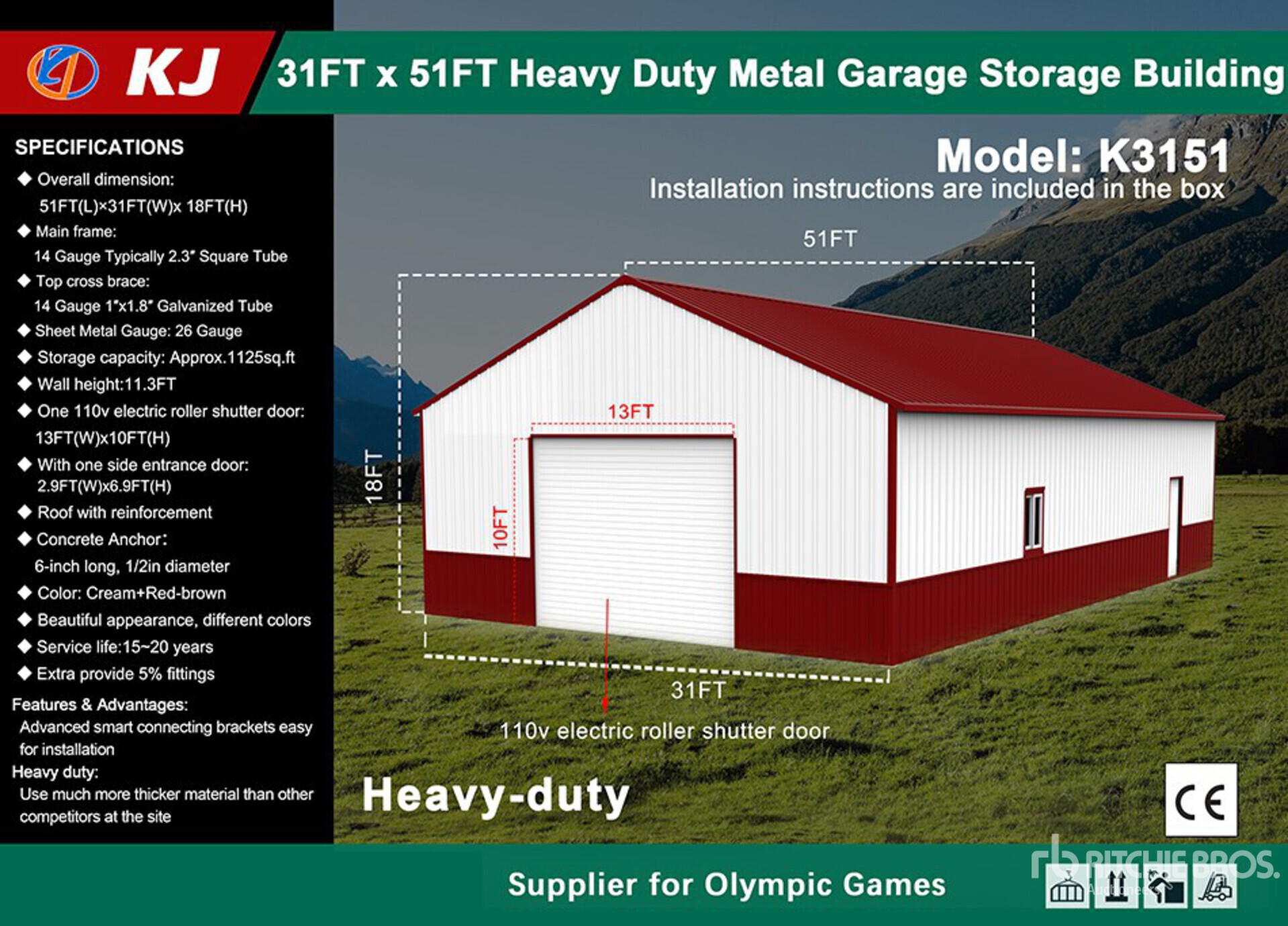 2026 KJ K3151 31 ft x 51 ft Heavy Duty Metal Garage Storage Building (Unused)