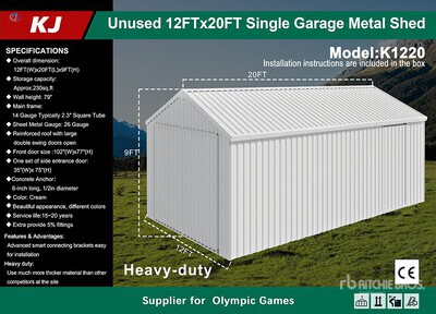 2026 KJ K1220 12 ft x 20 ft Metal Garage Cobertizo (Unused)