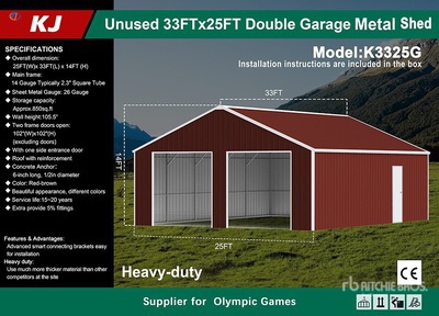 2026 KJ K3325G 25 ft x 33 ft Double Garage Metal Shed (Unused)