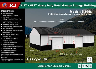 2026 KJ K3156 31 ft x 56 ft Heavy Duty Metal Garage Storage Building (Unused)