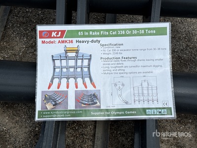 2026 KJ AMK36 65 in Excavator Rake - Fits Cat 336 (Unused)