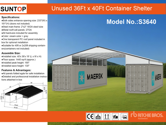 2026 SUNTOP S3640 36 ft x 40 ft Container Shelter (Unused)