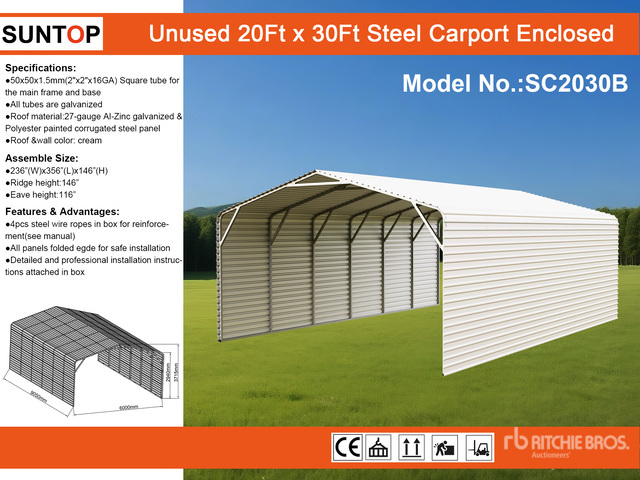 2026 SUNTOP SC2030B 20 ft x 30 ft Enclosed Carport (Unused)