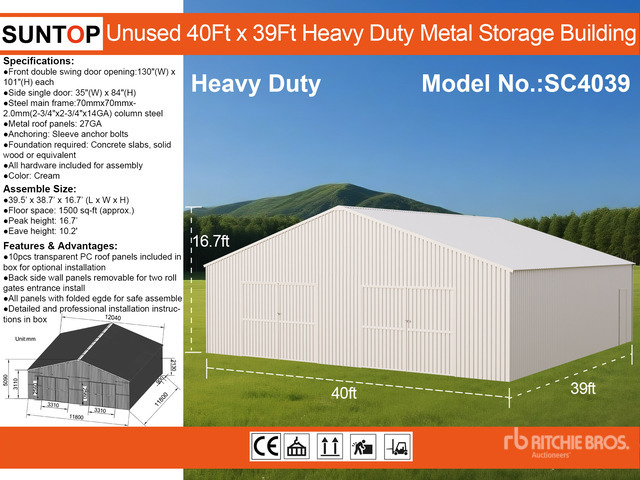 2026 SUNTOP SC4039 Double Garage Metal Storage Building (Unused)