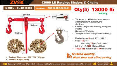 Quantity of 2026 ZVOX SU-RC13000 13000 lb Ratchet Binders & Chains (Unused)