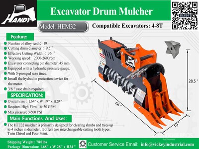 2026 Handy HEM32 36 in Excavator Mulcher Varios, accesorio para excavadora - Fits 4 - 8 ton (Unused)