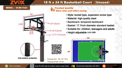 2026 ZVOX SU-BC1824 18 ft x 24 ft Basketball Court w/Adjustable Backboard Varios, tienda, almacen, consumidor (Unused)