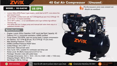 2026 ZVOX SV-GAC40 18.7 cfm 40 gal Air Compressor (Unused)