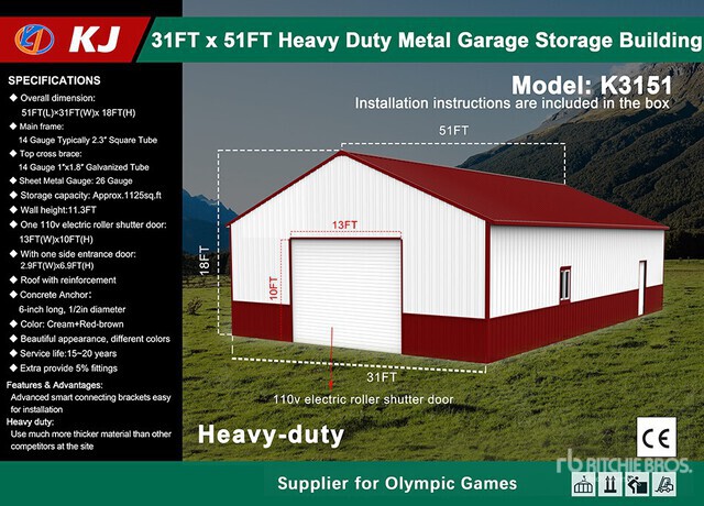 2026 KJ K3151 31 ft x 51 ft Heavy Duty Metal Garage Storage Building (Unused)