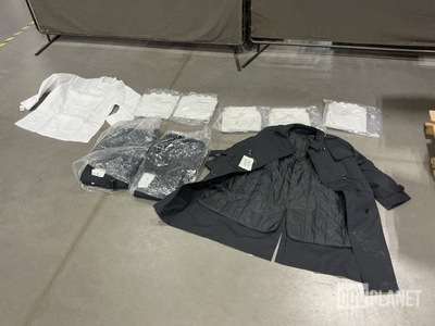 (9) All Weather Coats, (53) Food Service Uniform Smocks & Assorted Items