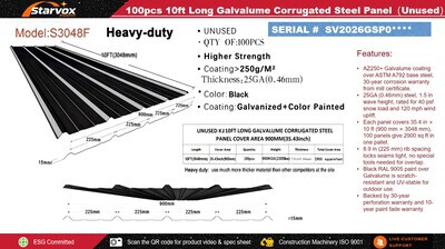 Quantity of (100) 2026 STARVOX S3048F Galvalume Corrugated Steel Panels (Black) (Unused)