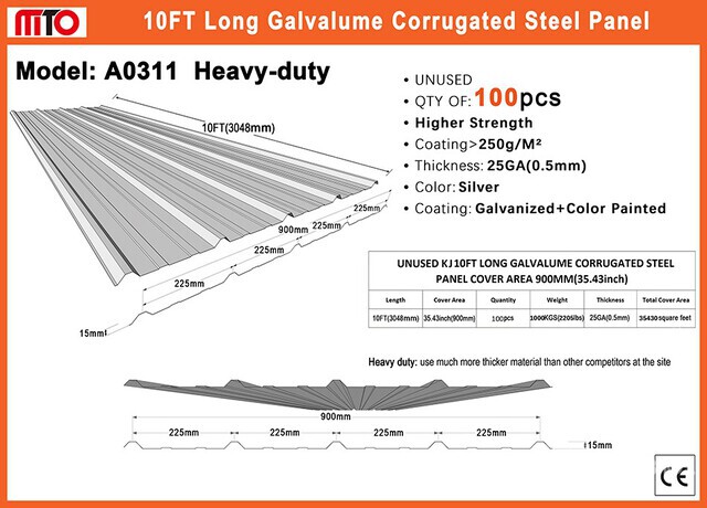 Quantity of (100) 2026 MTO A0311 35 in x 10 ft Galvalume Corrugated Steel Panels (Unused)