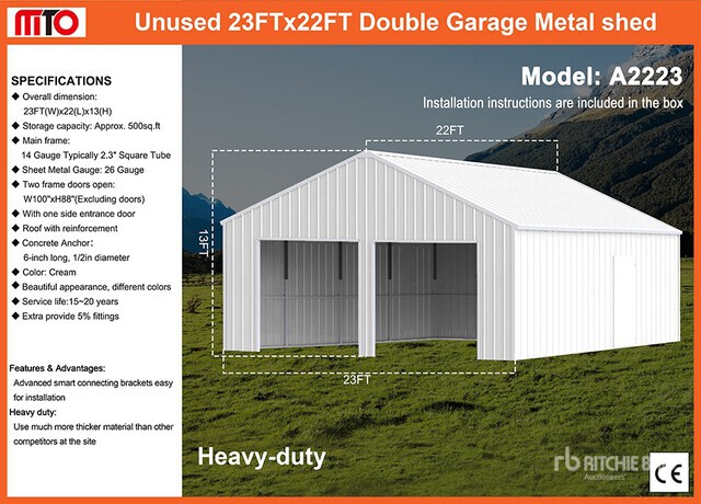 2026 MTO A2223 22 ft x 23 ft Double Garage Metal Storage Building (Unused)