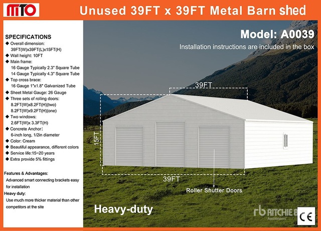 2026 MTO A0039 39 ft x 39 ft Metal Barn Storage Building (Unused)