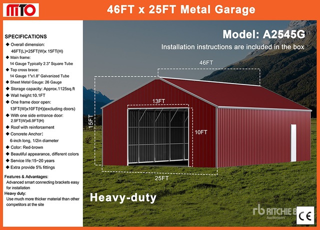 2026 MTO A2545G 25 ft x 46 ft Metal Garage Storage Building (Unused)