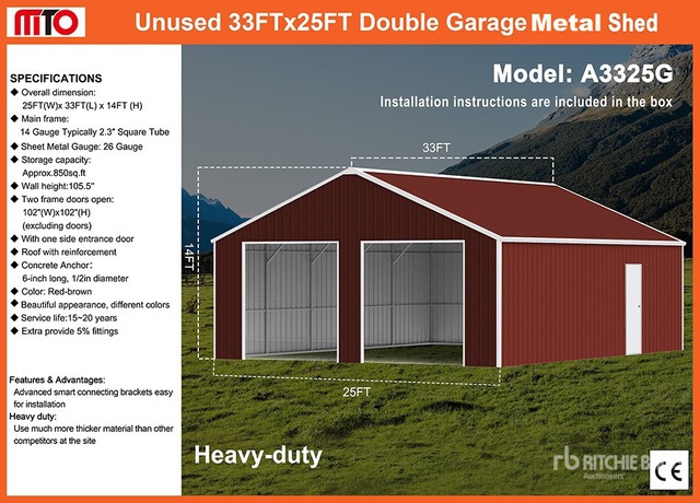 2026 MTO A3325G 25 ft x 33 ft Double Garage Metal Storage Building (Unused)