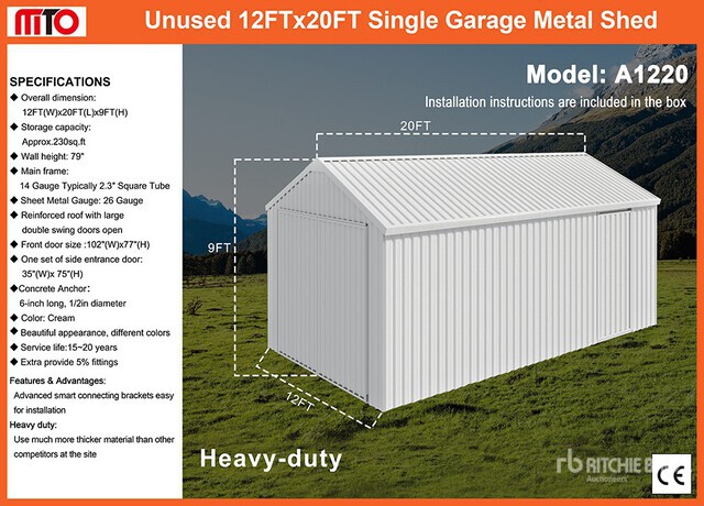 2026 MTO A1220 12 ft x 20 ft Single Garage Metal (Unused)
