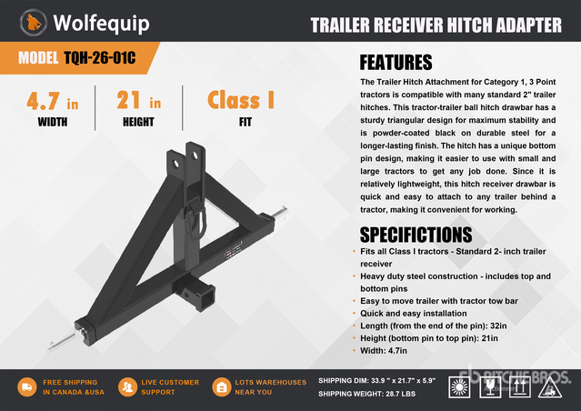 2026 TQH-26-02C Hitch Receiver Adapter 3-Point Hitch (Unused)