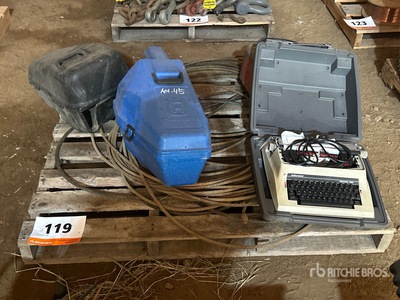 Vintage Type Writer, 50 Ft Steel Cable, Jerry Can & Empty Chainsaw Hard Case
