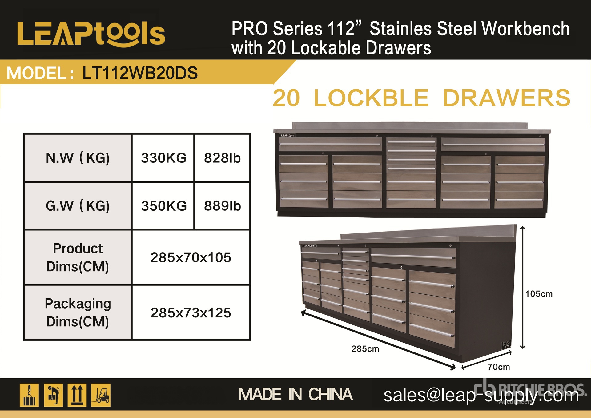 2026 LEAPtools LT112WB20DS 2850 mm 20-Drawer Pro Series Workbench (Unused)