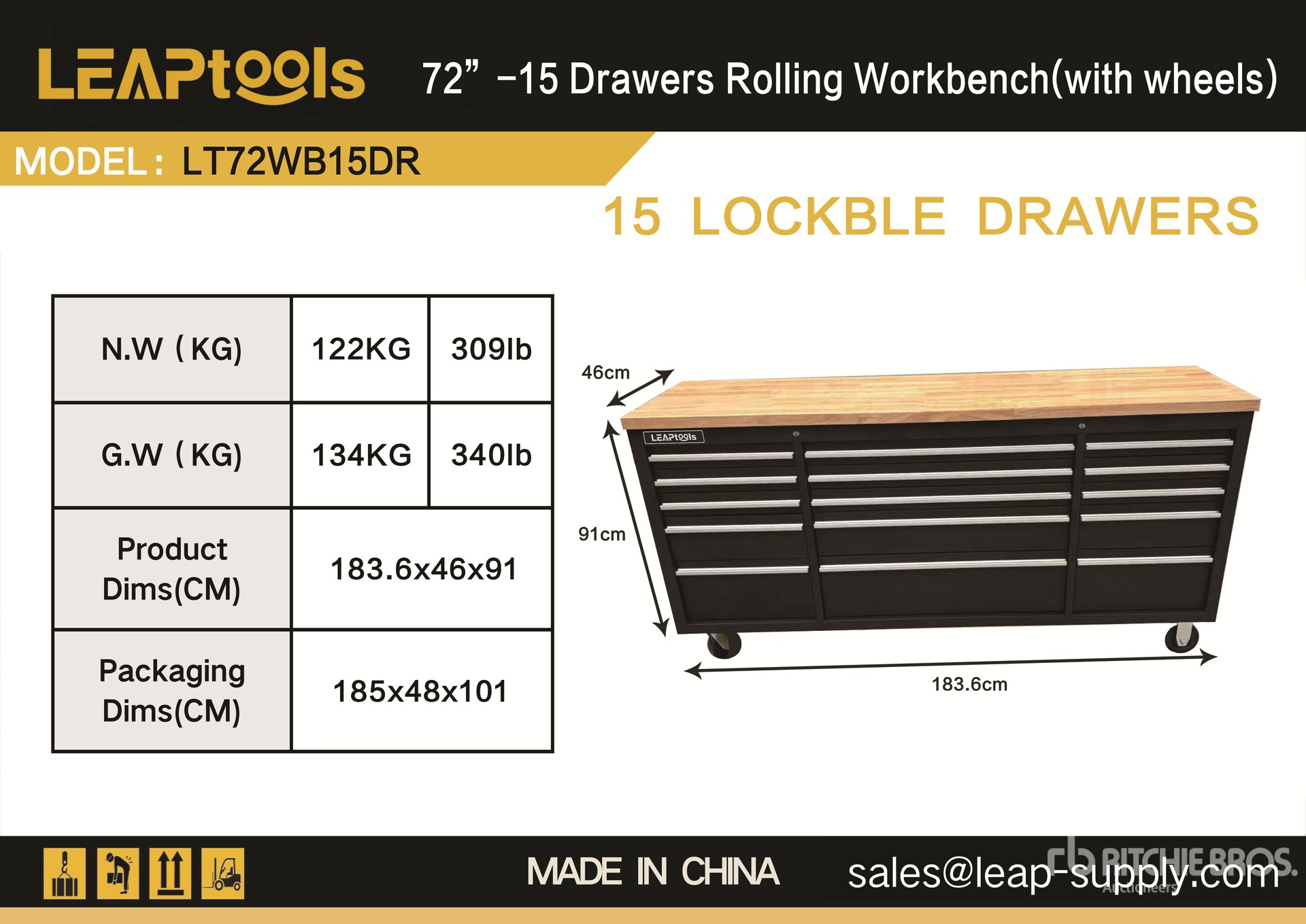 2026 LEAPtools LT72WB15DR 1836 mm 15-Drawer Tool Cabinet (Unused)