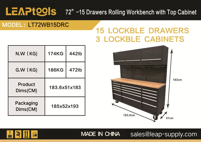 2026 LEAPtools LT72WB15DRC 1836 mm 15-Drawer Tool Cabinet (Unused)