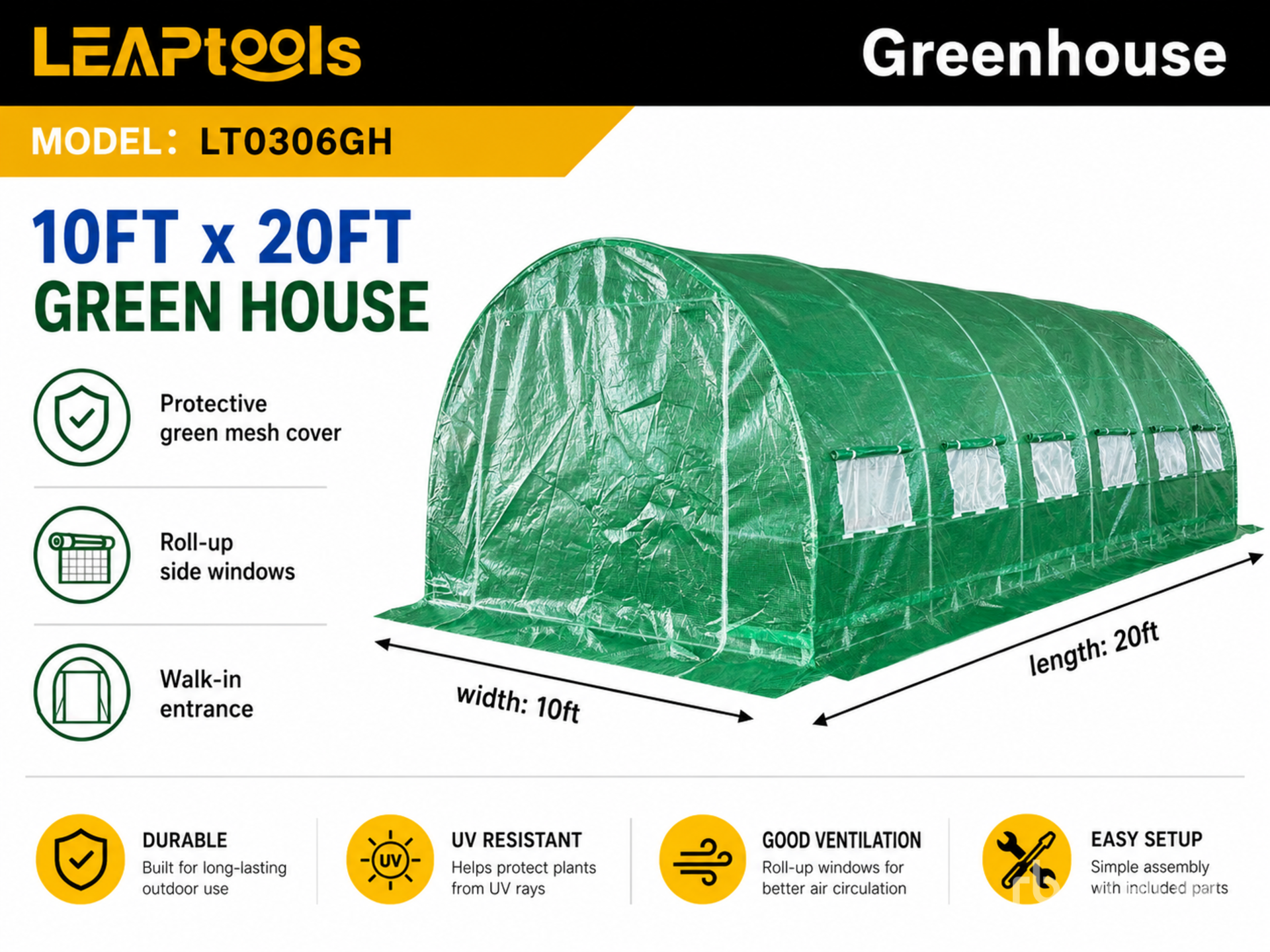 Quantity of (2) 2026 LEAPtools LT0306GH 20 ft x 10 ft x 6.5 ft Greenhouse (Unused)