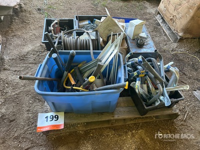 Quantity of Assorted Hardware, Fasteners, Air Hose Reel, Stakes, Hammer & Shop Supplies