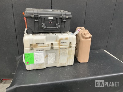 (8) Plastic Water Cans, (4) Assorted Storage Cases & Assorted Items