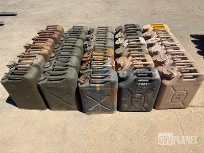 Lot of 30- 5 Gallon Fuel Cans (18 Metal/12 Plastic Ships in a reusable 47x40x48 lockable Palcon Container. 270lbs