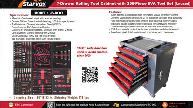 2026 STARVOX JS-RC07 Tool Cart w/ (258) pcs Tool Set (Unused)