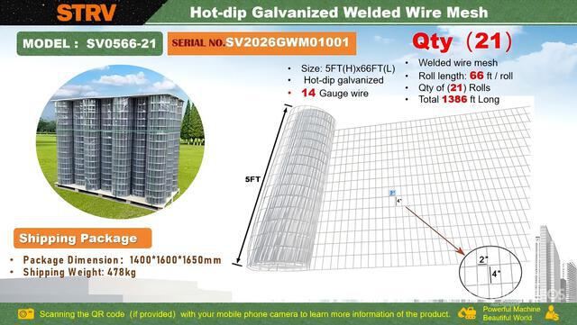 Quantity of 2026 STARVOX SV0566-21 66 ft x 5 ft Hot-dip Galvanized Welded Wire Mesh Fencing (Unused)